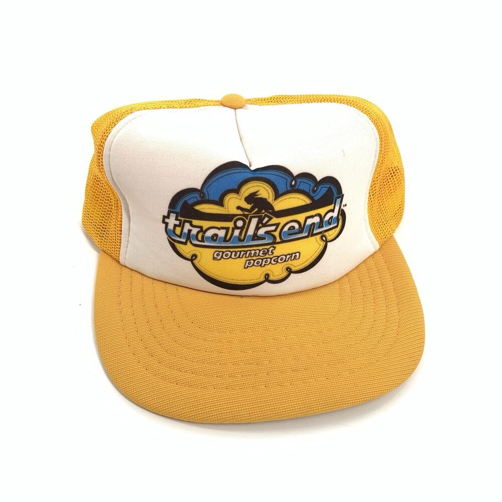 Vintage 1980s Trails End Gourmet Popcorn Adjustable Snapback Trucker Hat Yellow